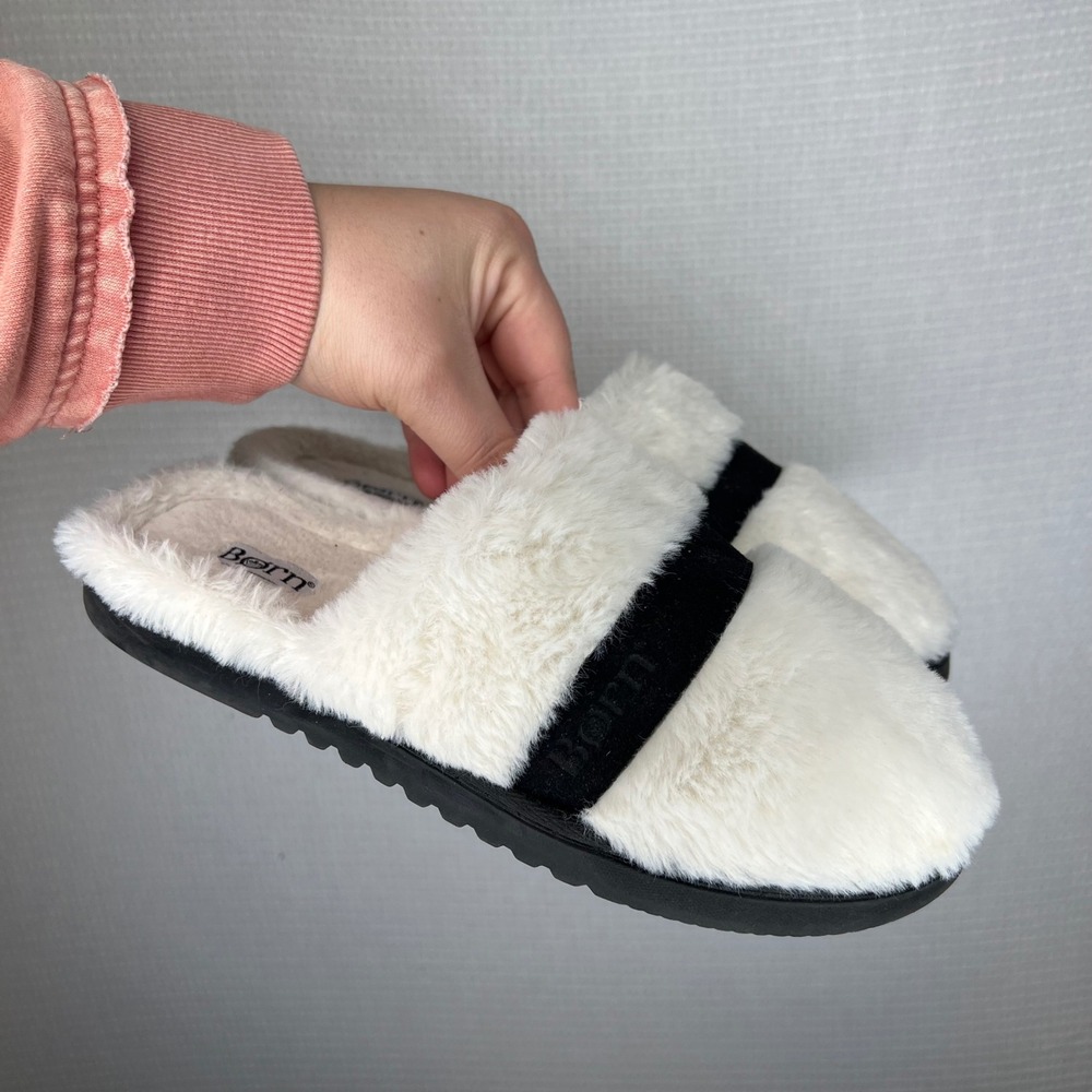 Born Womens Faux Fur Slide Slippers Cream Black Logo Scuff Size Large 9-10